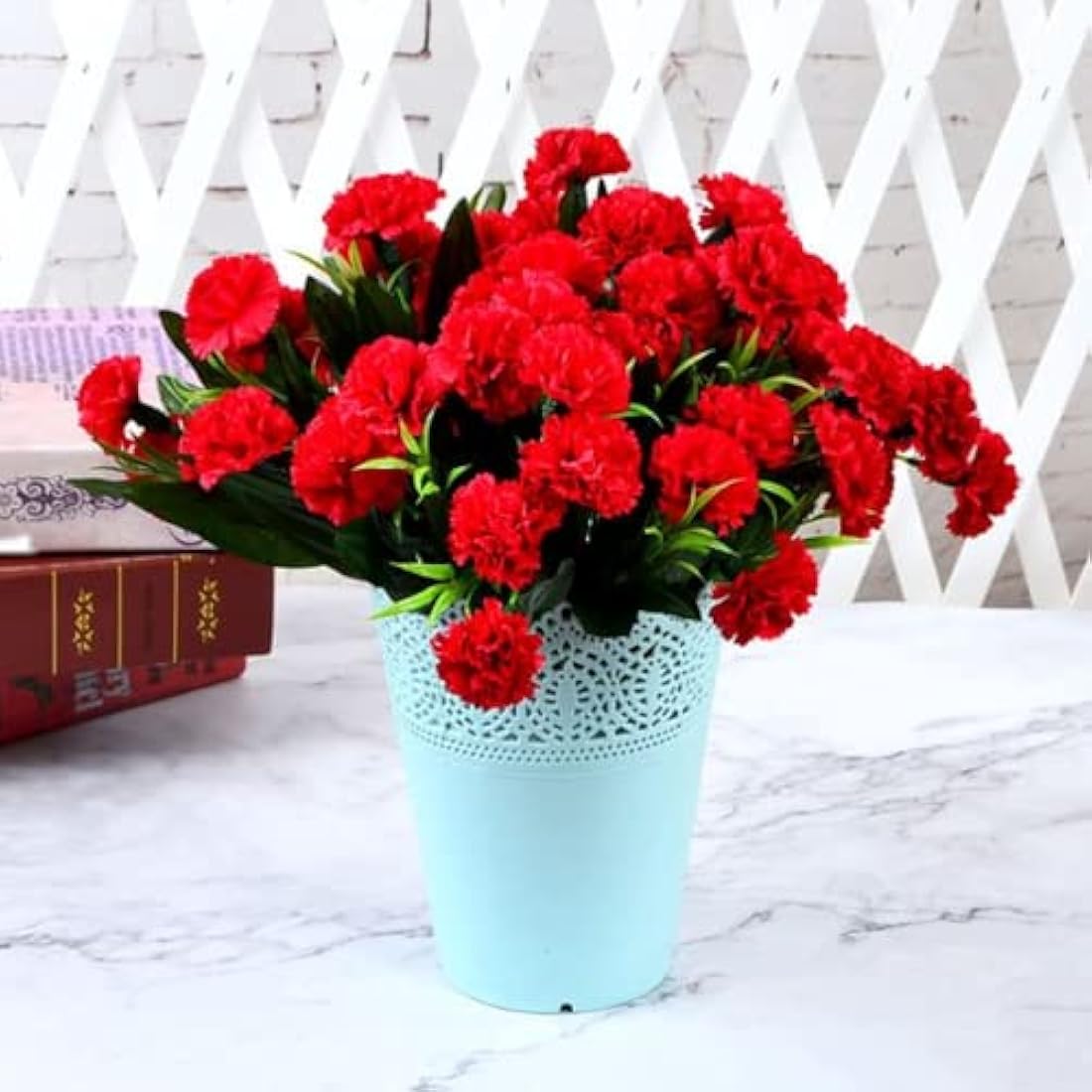 Corkwaw Artificial Carnations Made of Silk, Hydrangea, Bouquet, Plastic Plant, Suitable for Photo Props, Family Party, Bridal Bouquet, Decoration (Red)