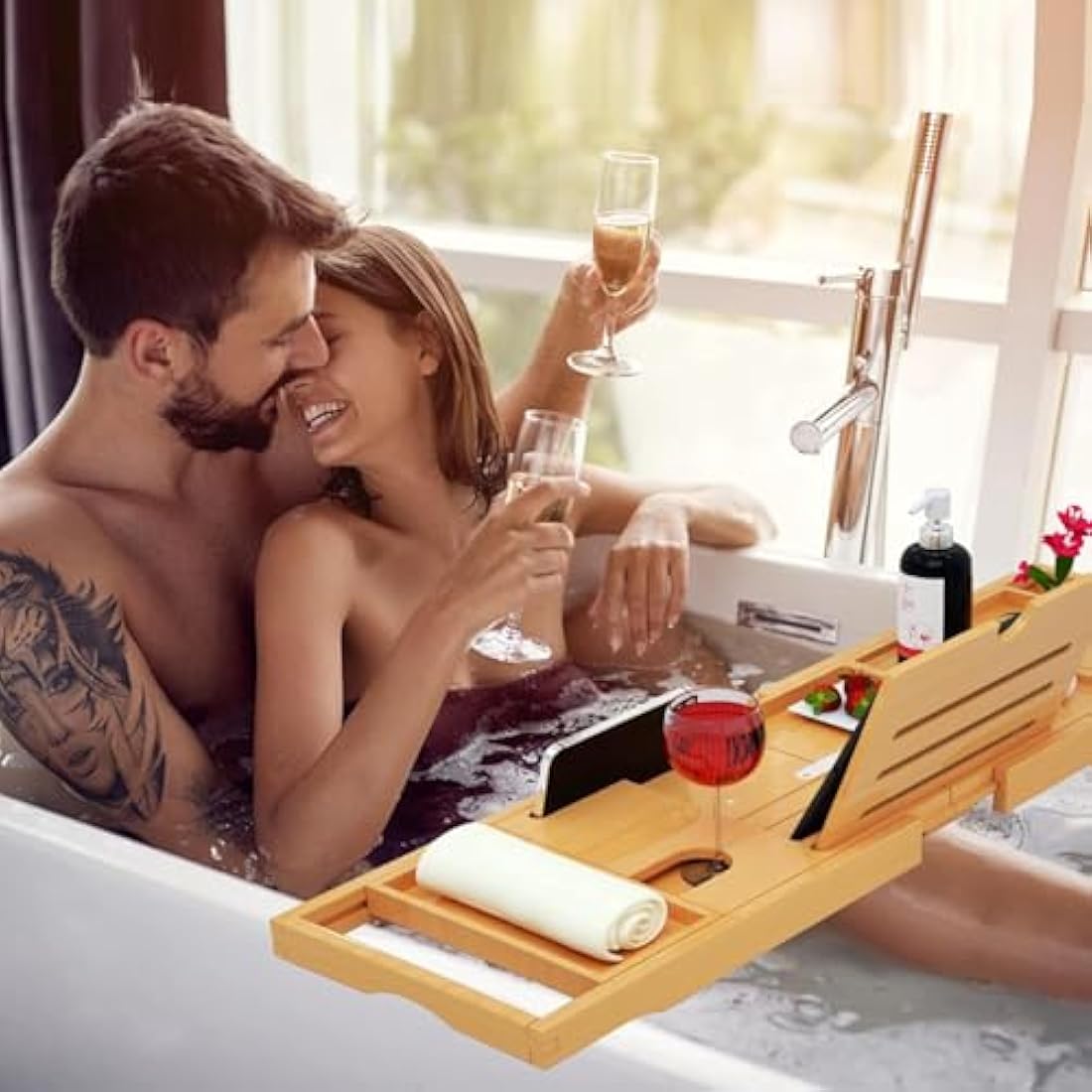 Premium Bamboo Bath Tray – Expandable Bath Caddy Tray- Adjustable Bathtub Tray Caddy,Fits Most Bathtub Sizes