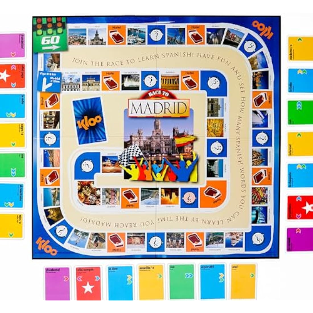 Spanish Board Game – Race to Madrid | Easy to Learn Words, Grammar, Verbs | Fun for Adults, Kids, Beginners, Classroom | 4 Decks Dynamic Flash Cards