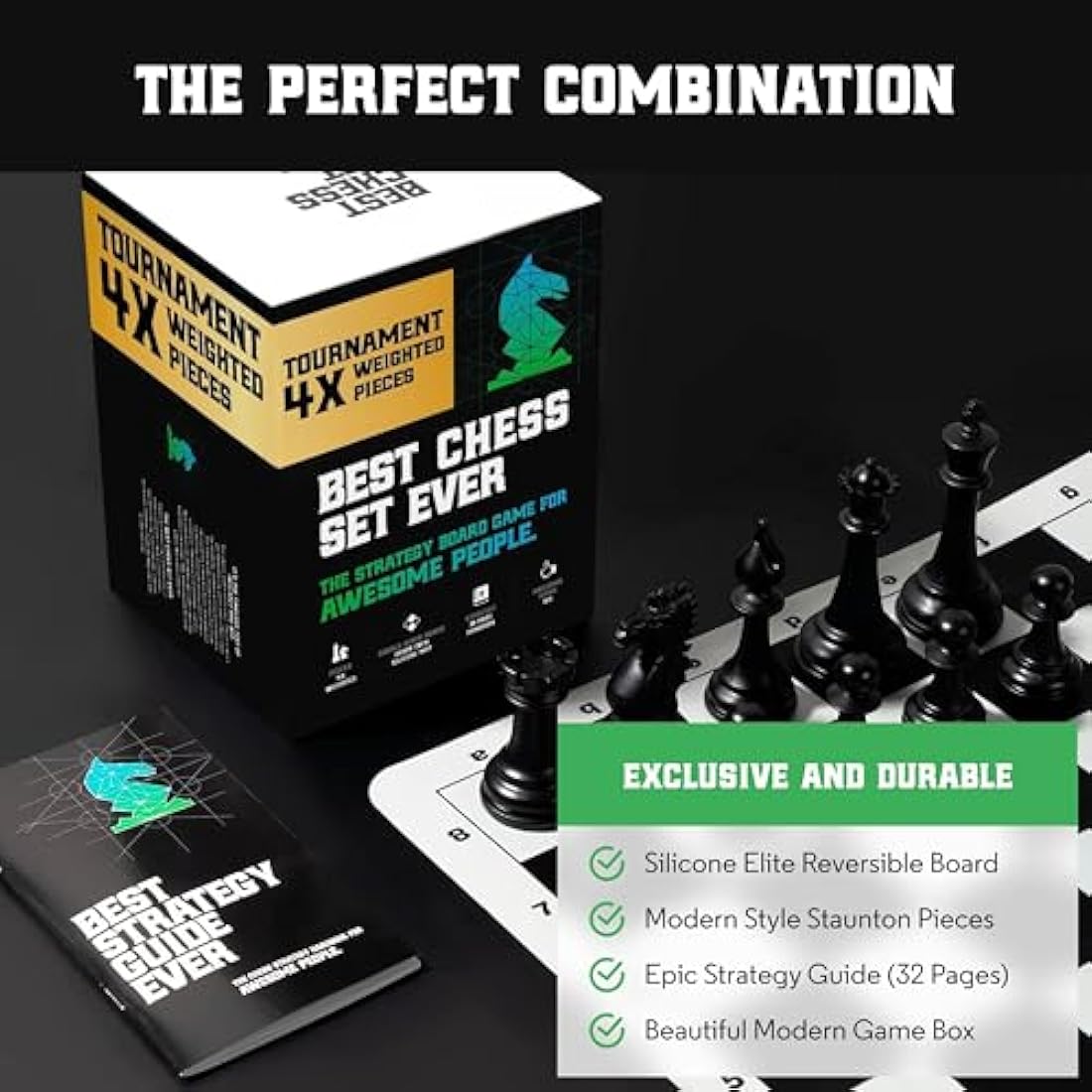 Best Chess Set Ever 4X Tournament Chess Set with XL Staunton Quadruple Weighted Pieces (11.4 cm King) for Adults & Kids – Foldable Roll-up Double-Sided 50x50 cm Silicone Board Mat, Ideal for gifting