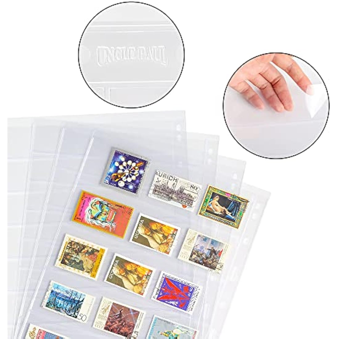 Postage Stamp Pages - 12 Sheets Clear Single-Sided Stamp Sleeves Inserts 5/6/7/8 Rows for Stamp Collection Binder IS02MX112