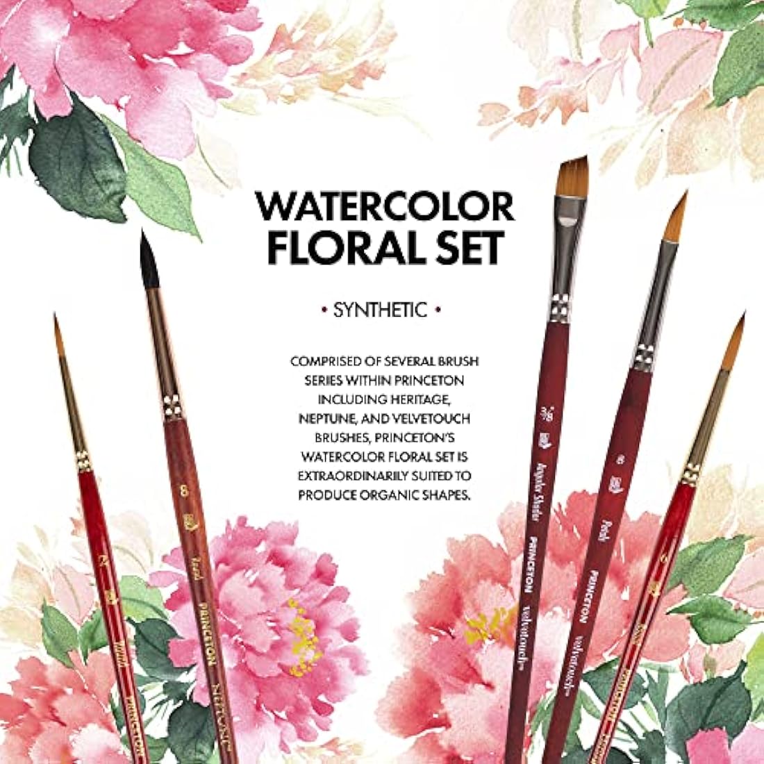 Princeton Watercolour Floral Set, 5 x Mixed Brushes, Watercolour, Short Handle, for Professionals & Students