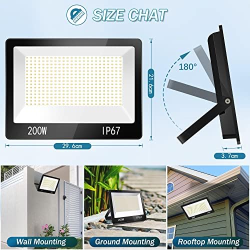 YIQIBRO 200W LED Floodlight Outdoor 2 Pack, 20000LM 7000K Super Bright Security Light, IP67 Waterproof LED Spotlight Wall Light for Garden, Garage, Yard, Factory, Warehouse