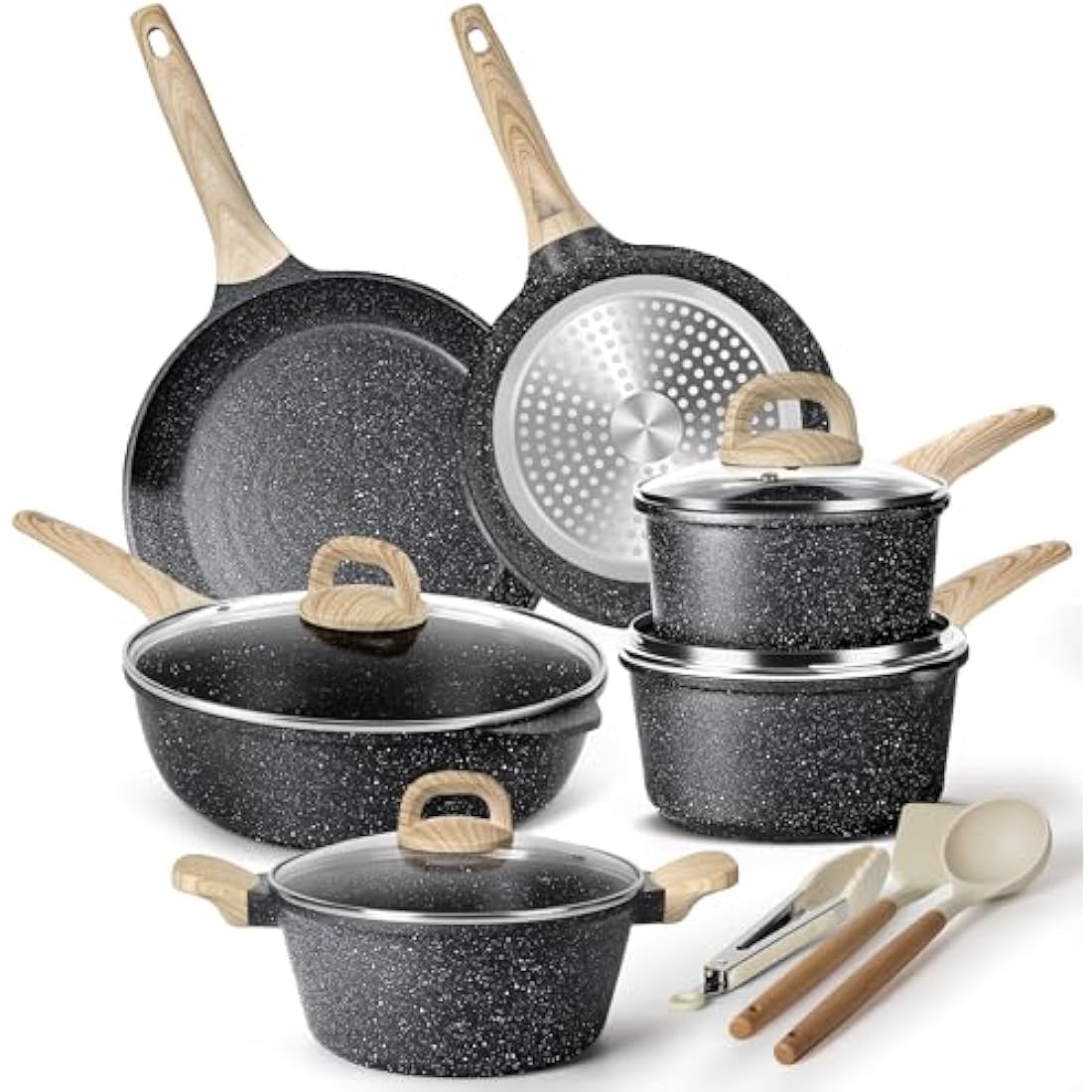 Terlulu Induction Hob Pots and Pans Set - 13pcs Nonstick Cooking Pans Set, Black Granite Cookware Set with Lid, Non Stick Saucepan Set, Frying Pan Set, PFAS PTFE PFOA PFOS Free