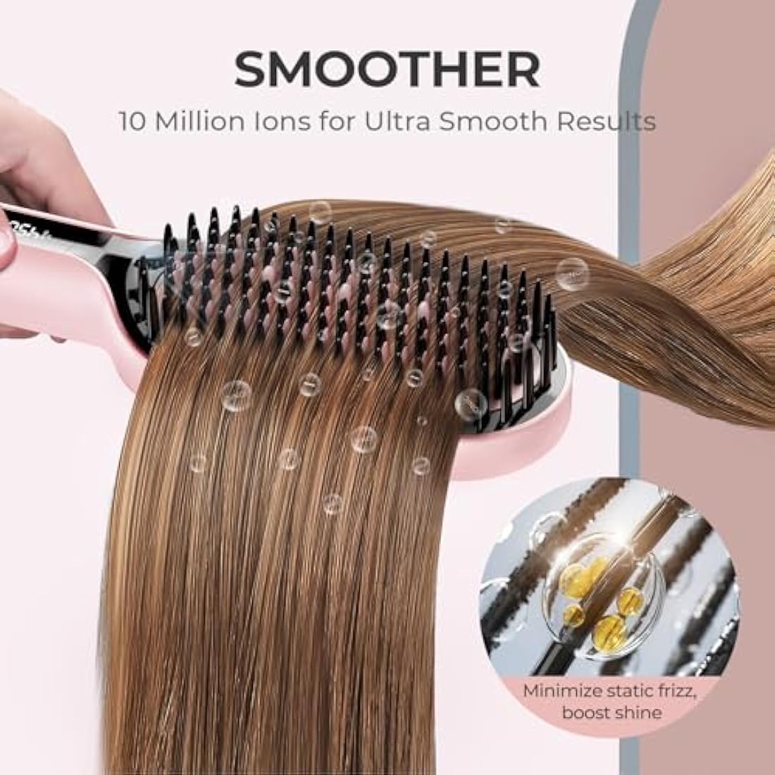 TYMO Ionic Plus Hair Straightener Brush UK, Upgraded Straightening Brush with Dense Bristles for Thick Hair, 16 Temps (80℃~230℃) LED Display, 10 Million ions, Dual Voltage, Hot Brush for Women (Pink)