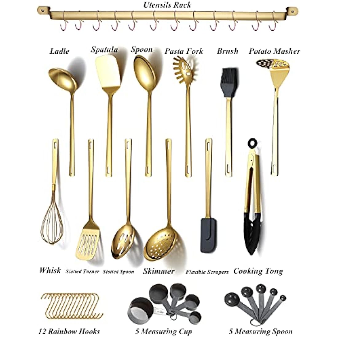Gold Cooking Utensils Set,Kyraton Stainless Steel 37 Pieces Kitchen Utensils Set with Titanium Gold Plating,Kitchen Gadgets Cookware,Kitchen Tool Set with Utensil Holder. Dishwasher Safe