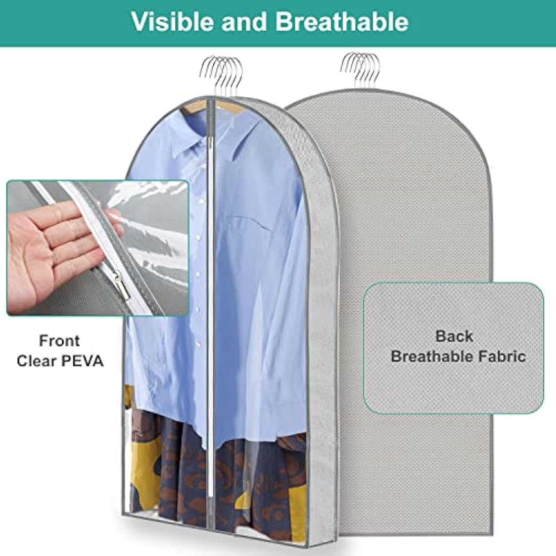 ZSURLUX Garment Bags for Clothes 60 x 100cm 4Pack, Moth Proof Clothes Covers with Zip, Hanging Storage Protector Bags for Wardrobe, Travel, Suitable for Suit, Coat, Jackets, Jumpers,etc. Grey