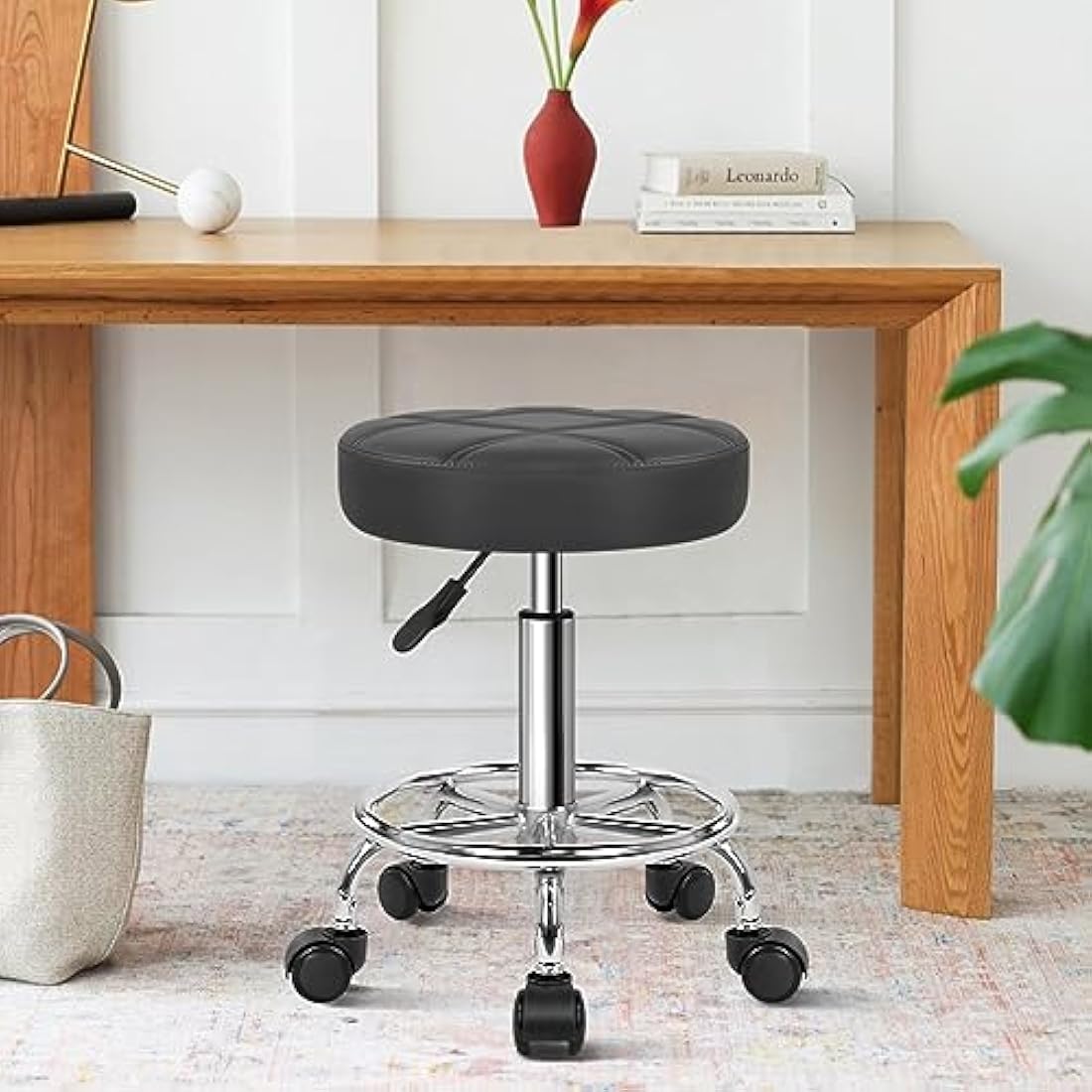 WKWKER PU Leather Round Rolling Stool Swivel Height Adjustment Home Office Drafting Lab Kitchen Massage with wheels Office Chair (black)