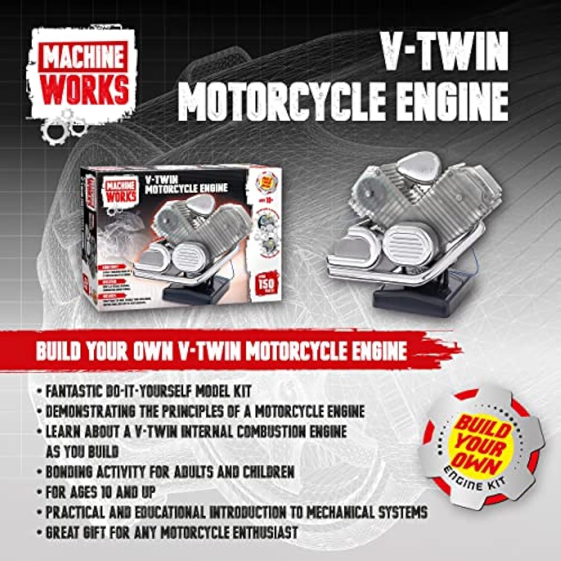 Machine Works Bulld Your Own V-Twin Motorcycle Engine Toy - Replica Model Building Kit - Features Sounds and Illumination, 150+ Pieces, 10+ Years