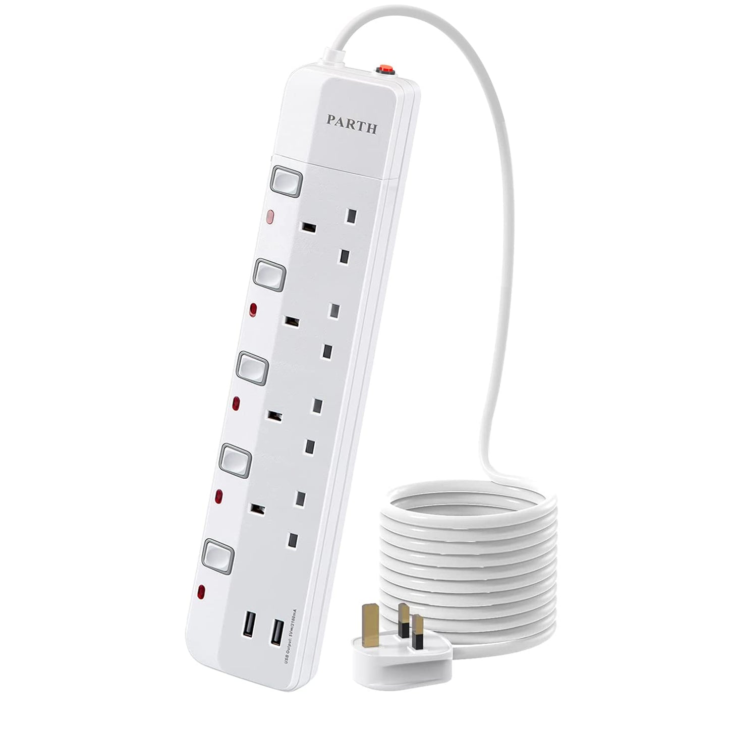 PARTH Extension Lead 5m with USB Slots Surge Protected Extension Cable Extra Long Heavy Duty Cord 4 Gang 5 Metre Plug Extension Socket 13A 3250W UK 4