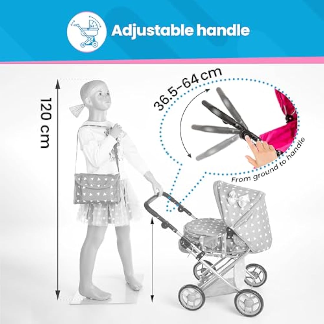 Kinderplay Dolls Pram | 3-in-1 Toy Pram | Baby Doll Pram - Toy Pushchair | Dolls Buggy | Dolls Pushchair | Doll Stroller with Adjustable Handle (36.5-64 cm), model KP0200S
