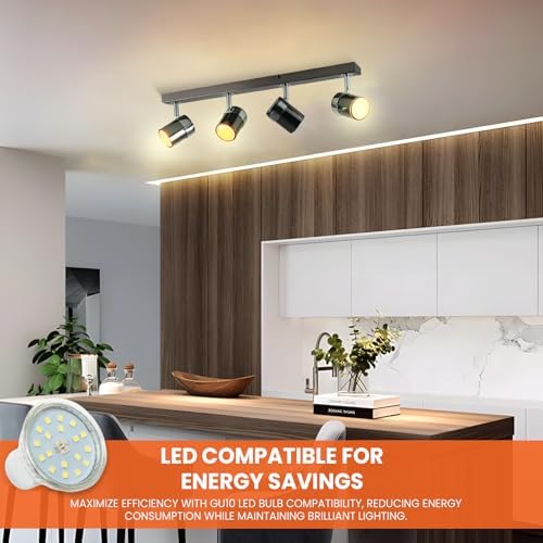 UKEW Modern 4 Way Ceiling Spotlight - Straight Bar Lighting with Adjustable Heads - Stylish Spotbar GU10 LED Light for Kitchen Living Room (Black)