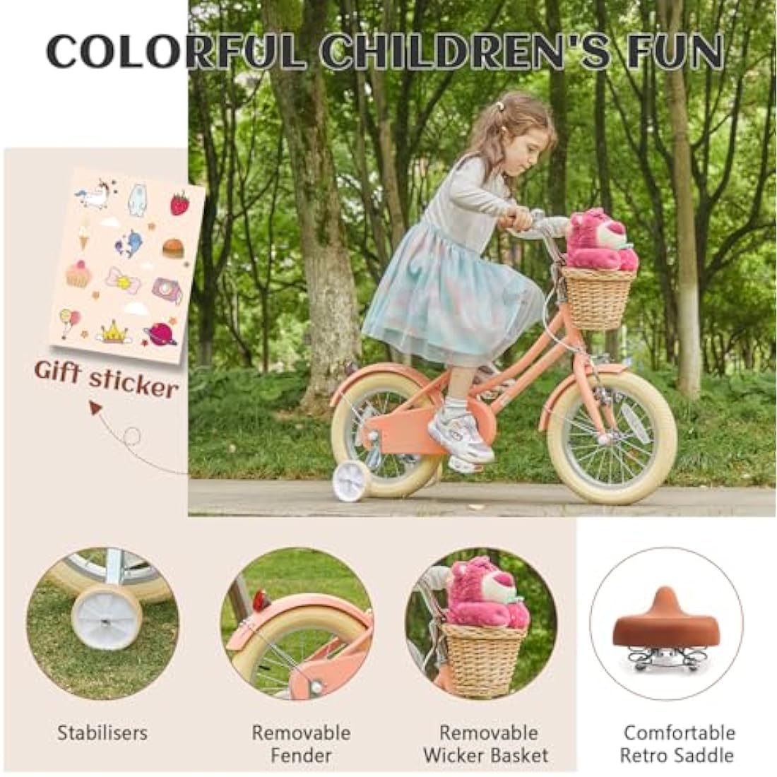 Glerc Little Molly 12 Inch Kids Retro Girls Bike for 2-13 Year Old with Wicker Basket & Stabilisers/Kickstand, Multiple Colors