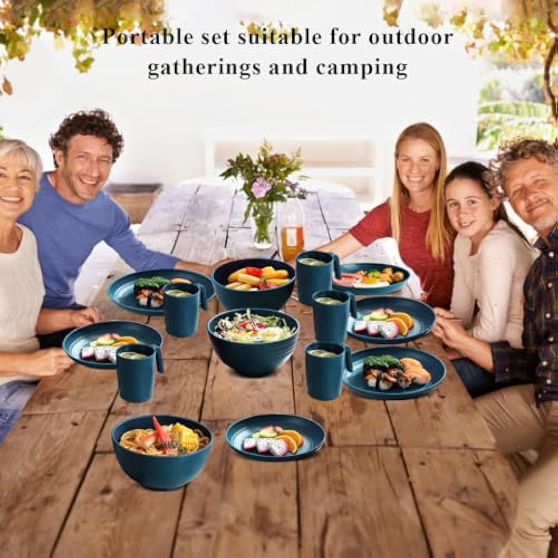 Kyraton Plastic Dinnerware Sets of 32 Pieces Service for 8, Unbreakable and Reusable Light Weight Plates Mugs Bowls Dishes Easy to Carry and Clean Microwave Safe BPA Free Dishwasher Safe