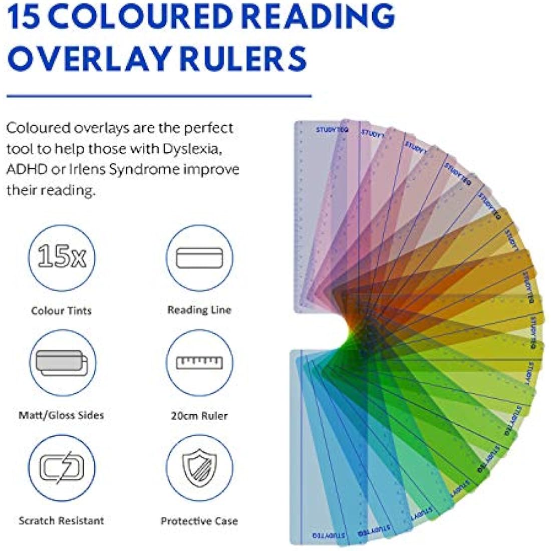 Studyteq 15 x Professional Dyslexia Coloured Reading Overlays And Rulers + Protective Case | Reading Tracking Rulers for Visual Stress, Dyslexia, Irlens Syndrome, and ADHD