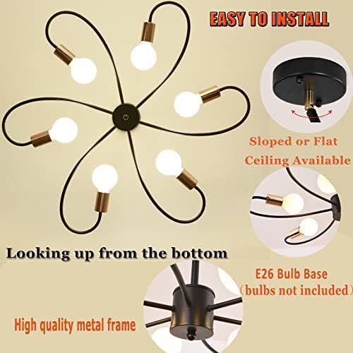 Qcyuui 6-Light Black Chandeliers, Gold Sputnik Ceiling Light, Vintage Instustrial Metal Pendant Light, Adjustable Height Chandeliers for Living Room Bedroom