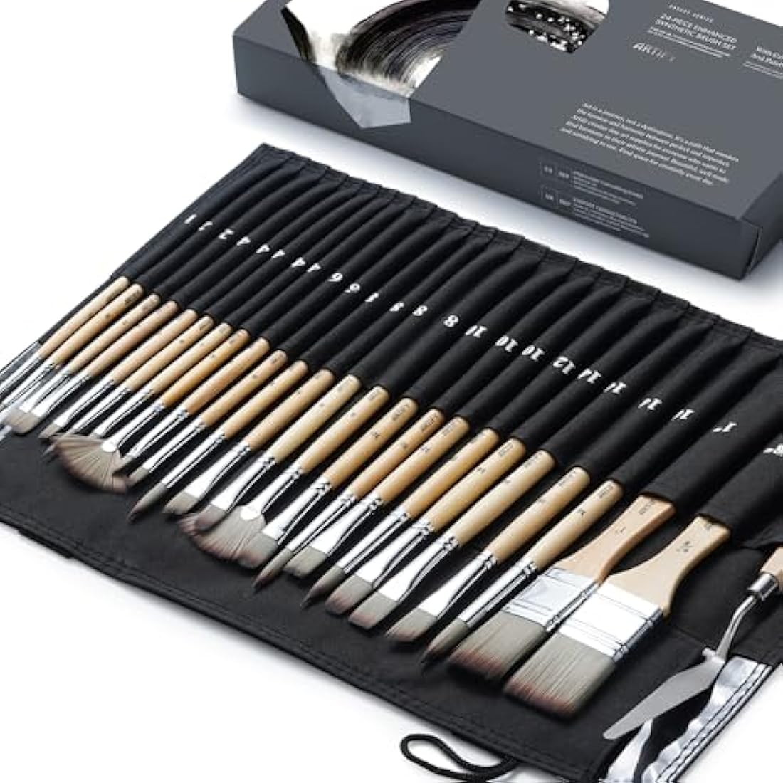 ARTIFY 25 Pieces Professional Paint Brush Set, paint brushes with Multi-Shape-Flat, Filbert, Round, Fan, Nylon Brushes with Premium Canvas Bag for Acrylic/Oil/Watercolor/Gouache/Face Painting (Birch)