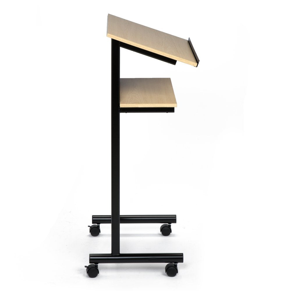 Audio-Visual Direct Wheeled Lectern with Storage Shelf - Beech/Black - Compact Standing Desk for Reading - LapTop Stand