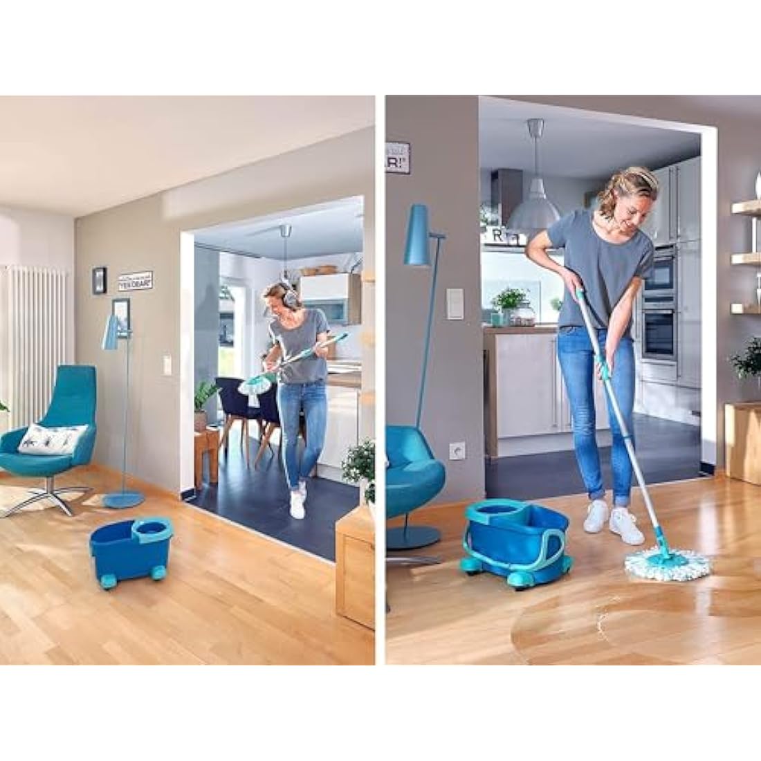 Leifheit Clean Twist Disc Mop Ergo Mobile Set, Moisture Controlled Spin, Wheeled Bucket, Faster Cleaning, Easy-Steer Micro Fibre 33cm Head with 360­ Joint, Spin Mop System