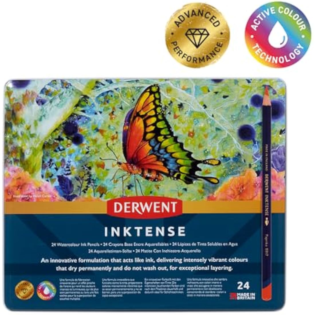Derwent Inktense Permanent Watercolour Pencils, Set of 24 in a Tin, 4mm Premium Core, Water-Soluble, Ideal for Colouring, Painting and Crafting, Professional Quality (0700929),package may vary