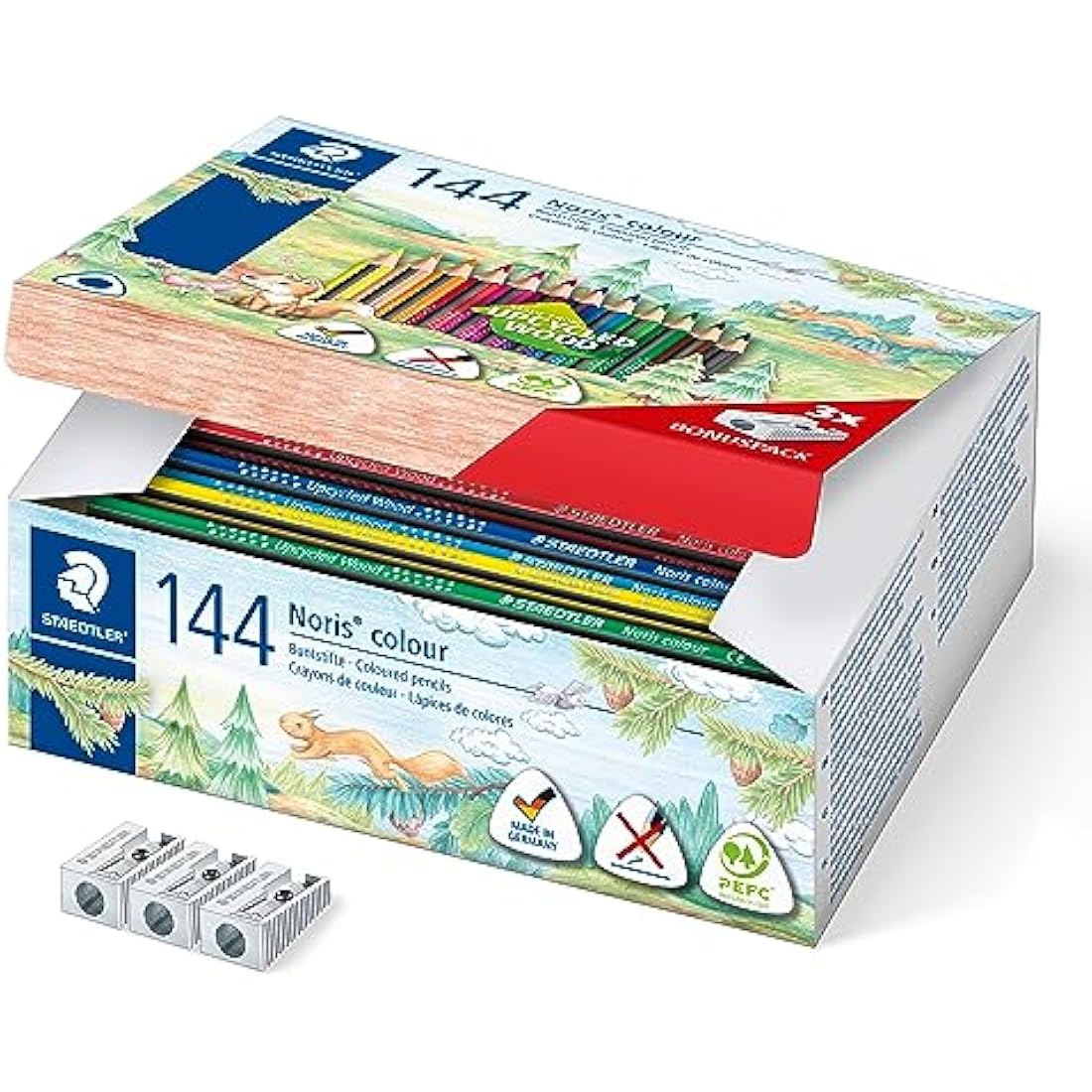 Staedtler Noris Colour Colouring Pencils, Ergonomic Triangular Format, Non-Slip Soft Surface, High Break Resistance, WOPEX Material, 144 Colouring Pencils in 12 Colours and 3 Sharpeners, 187 C144