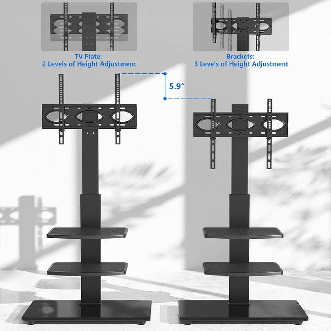 RFIVER Freestanding Swivel Floor TV Stand Tall TV Unit for 32 35 40 42 43 49 50 55 58 60 65 70 inch LCD/LED Flat Curved Screen Height Adjustable with 3-Tier Shelves Max VESA 400x400mm up to 50kgs