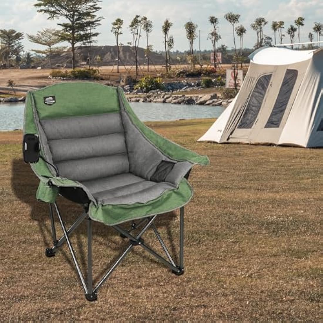 LANMOUNTAIN Oversized XL Folding Camping Chair,Heavy Duty Support 400Lbs,Large Comfy Padded Camp Chair for Adults,Lawn Arm Chair w/Cup Holder,Phone Holder,Carry bag Perfect for Outdoor (Green)
