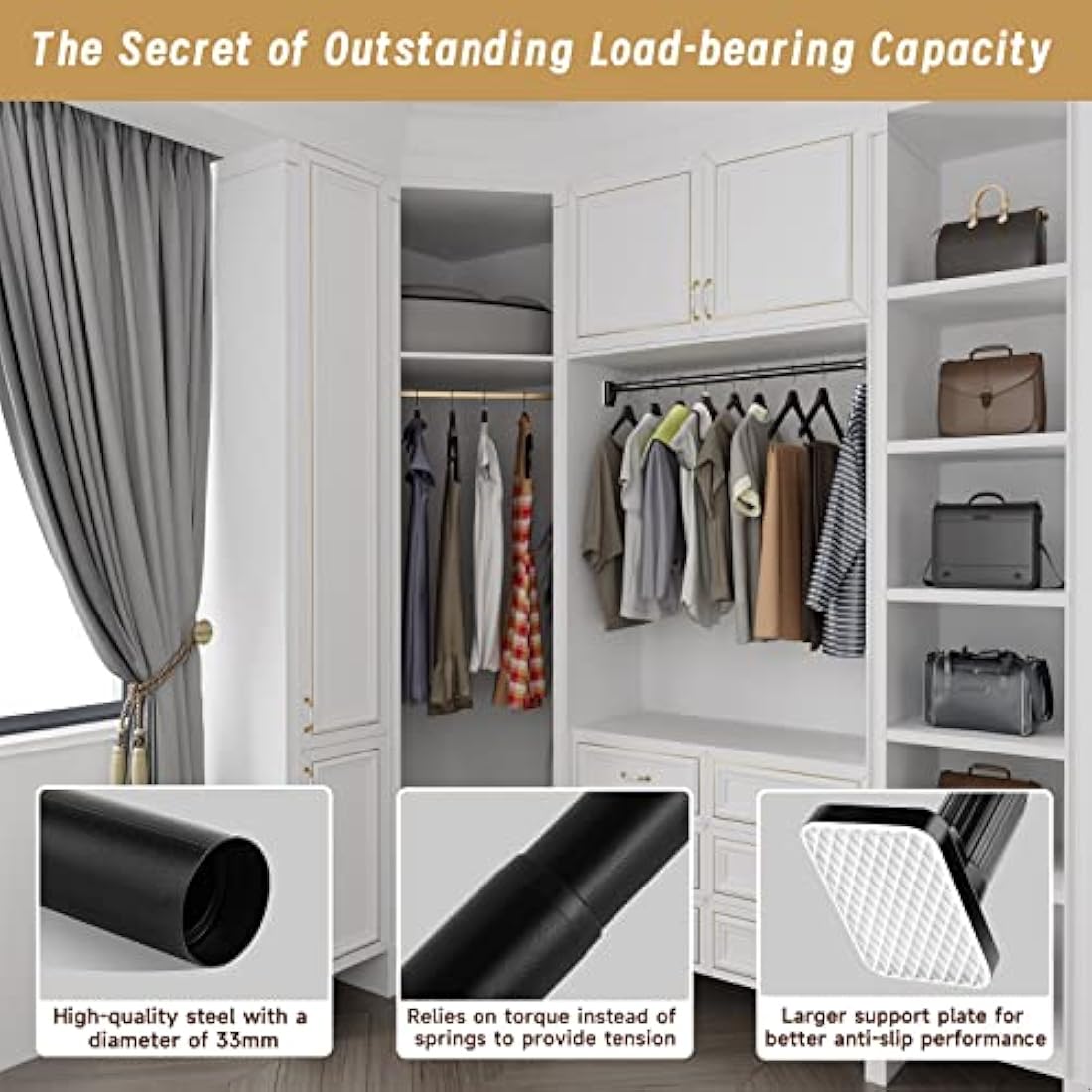 Heavy Duty Tension Pole - 33mm Steel Clothes Rail & Curtain Rod 110-200cm, No Drill Telescopic Pole, Supports 80kg,Multi-Purpose for Drying, Hanging, Bathroom, Kitchen, Wardrobe