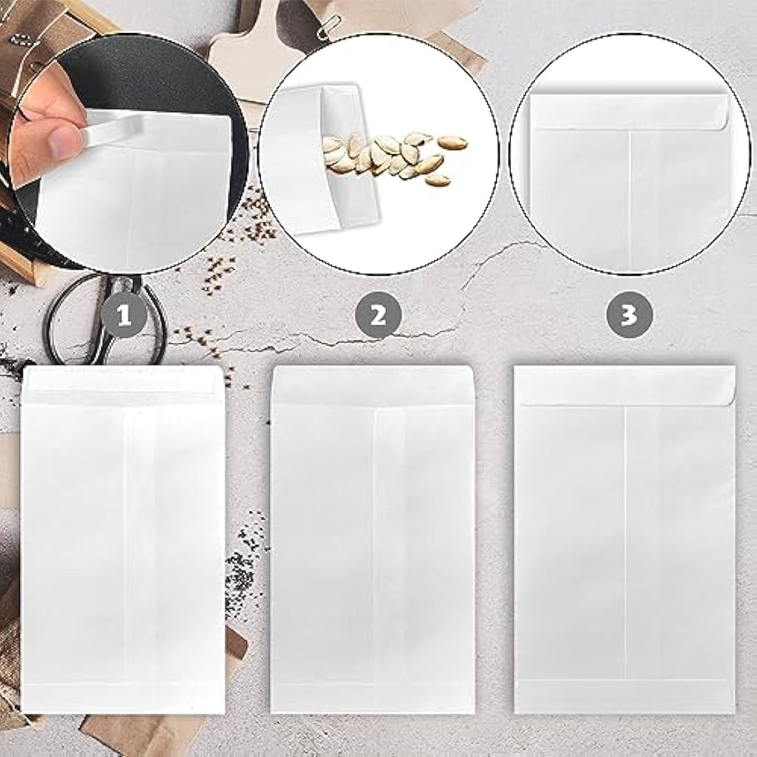 REEKNOKOL 100Pcs Small White Envelopes, Self-Adhesive Seed Envelopes Seed Packets with Preprinted Kraft Paper Coin Envelopes Money Envelopes for Seeds Saving & Collecting(8x12cm/3.15x4.72inch)