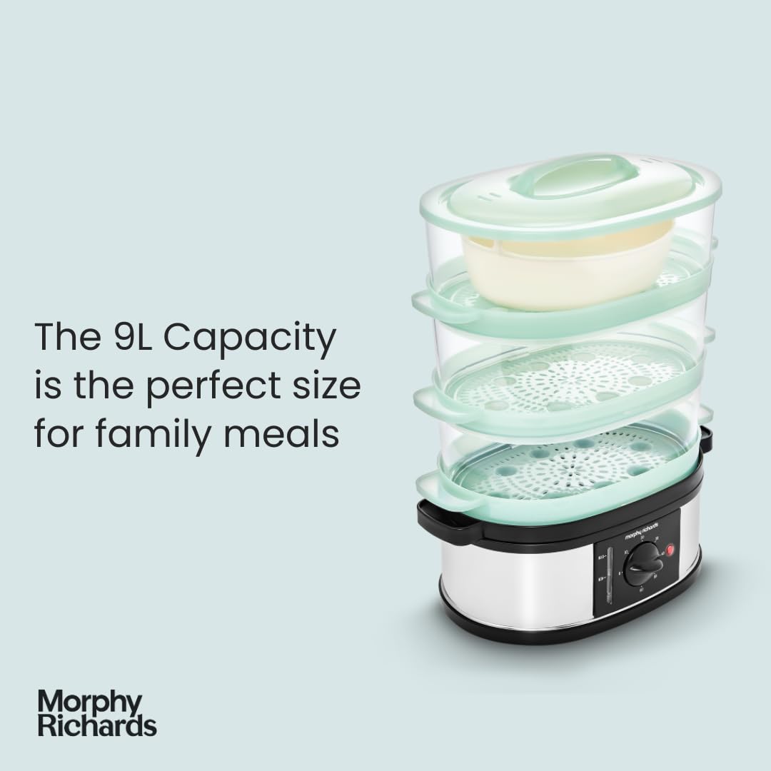 Morphy Richards 3 Tier Food Steamer, 9L, 60 Minute Timer with Bell, Instant Steam Production, Visible Water Gauge, Rice Tray, 750W, Stainless Steel,