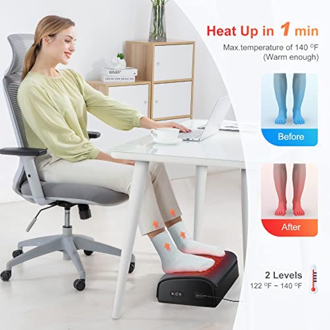 COMFIER Foot Rest with Heat Under Desk for Home Office Use, Foot Warmer, Adujtsable Ergonomic Foot Stand, Gaming Desk Footstool, Memonry Foam Support Cushion for Back, Gifts for Women Men