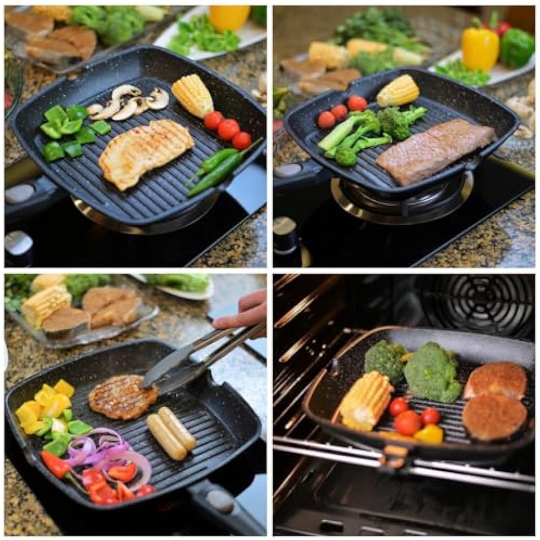 Chef Wonderful Non-Stick (28cm) Griddle Pan for Induction Hob, Marble Coating & Detachable Handle. Aluminium Steak Pan for All Induction Hobs with Glove & Cloth. Suitable for Gas & Oven Grilling