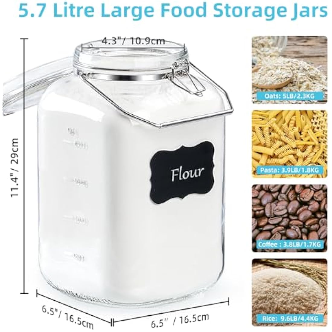 Absovetu Large Clip Top Glass Storage Jar with Lid Airtight 5.7 Litre - Wide Mouth Mason Jar with Handle for Pasta Rice Pickle Cookie Sweet Biscuit Storage Containers