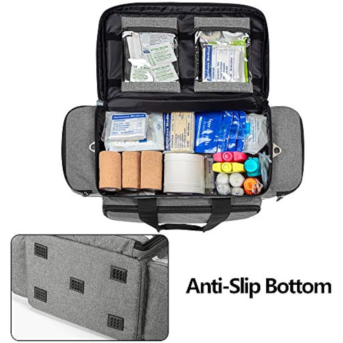 Trunab Emergency Responder Trauma Bag Empty, Professional Large First Aid Bag Medical Bag with Inner Dividers and Non-Scratch Bottom, Ideal for EMT, EMS, Paramedics, Grey, Empty-Patented Design