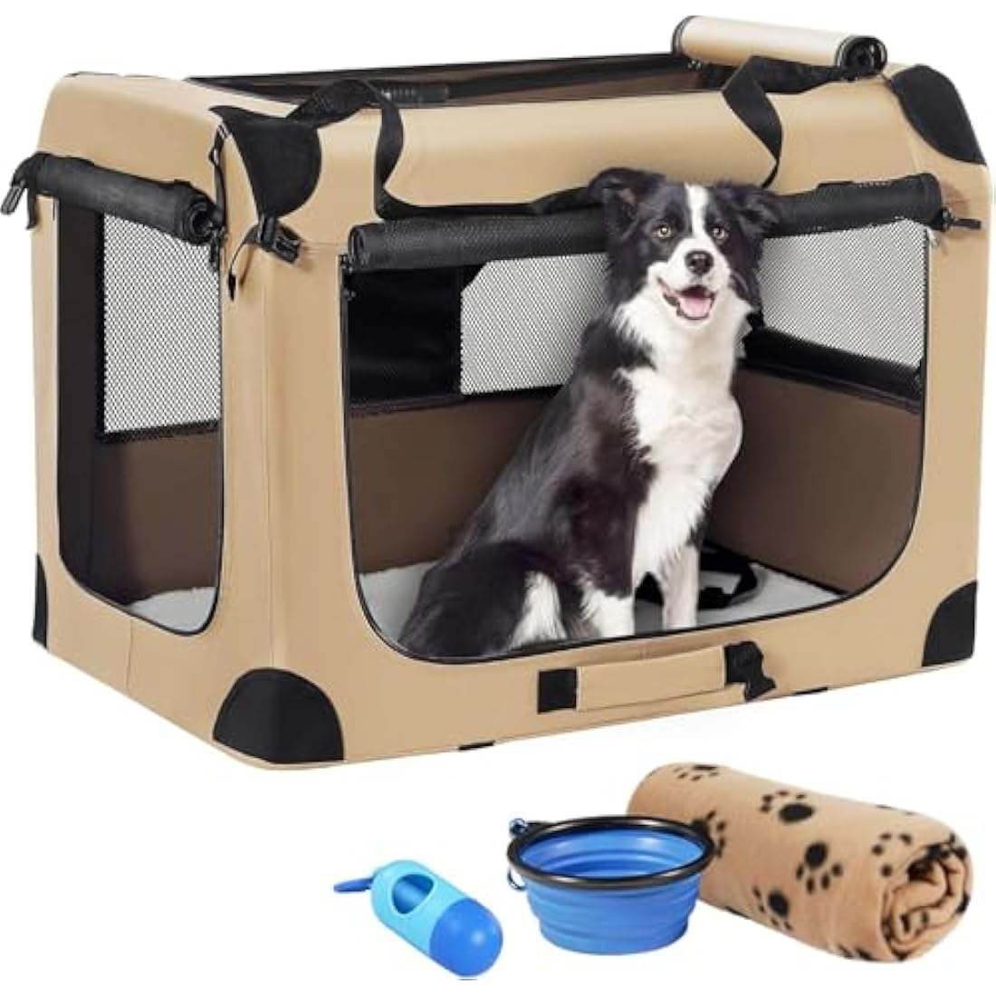 Petprsco Portable Dog Crate, Collapsible Dog Travel Crate 81x58x58 cm with Soft Blanket Foldable Bowl and a Poop Bag with Dispenser for Medium & Large Dogs