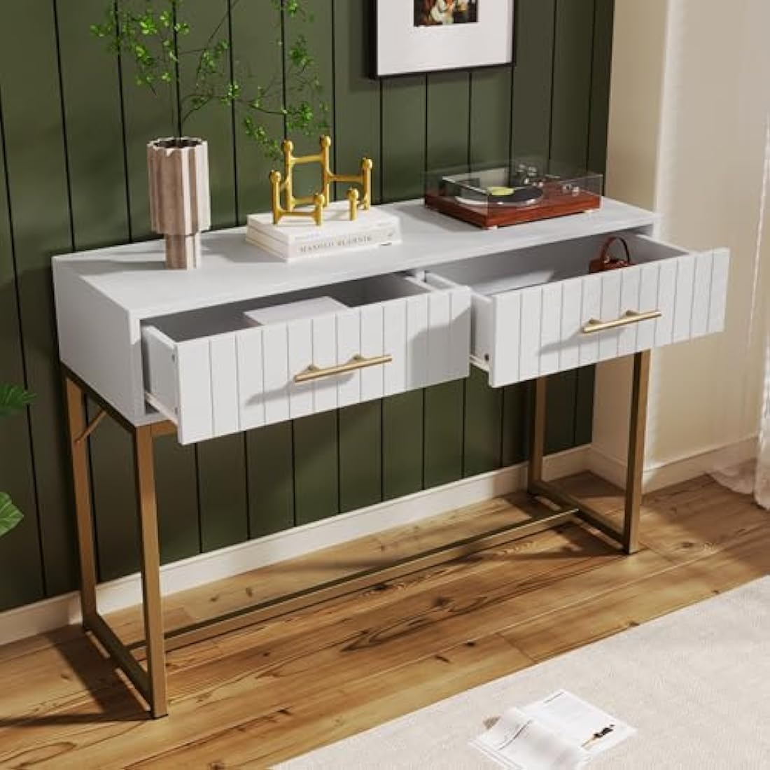 Merax Modern Desk with Drawers 2, Dressing Table with Ribbing Drawer Fronts, Wooden Vanity Desk, Golden Metal Legs, Makeup Desk Storage Table for Bedroom Living Room, White, 100 x 45 x 75cm