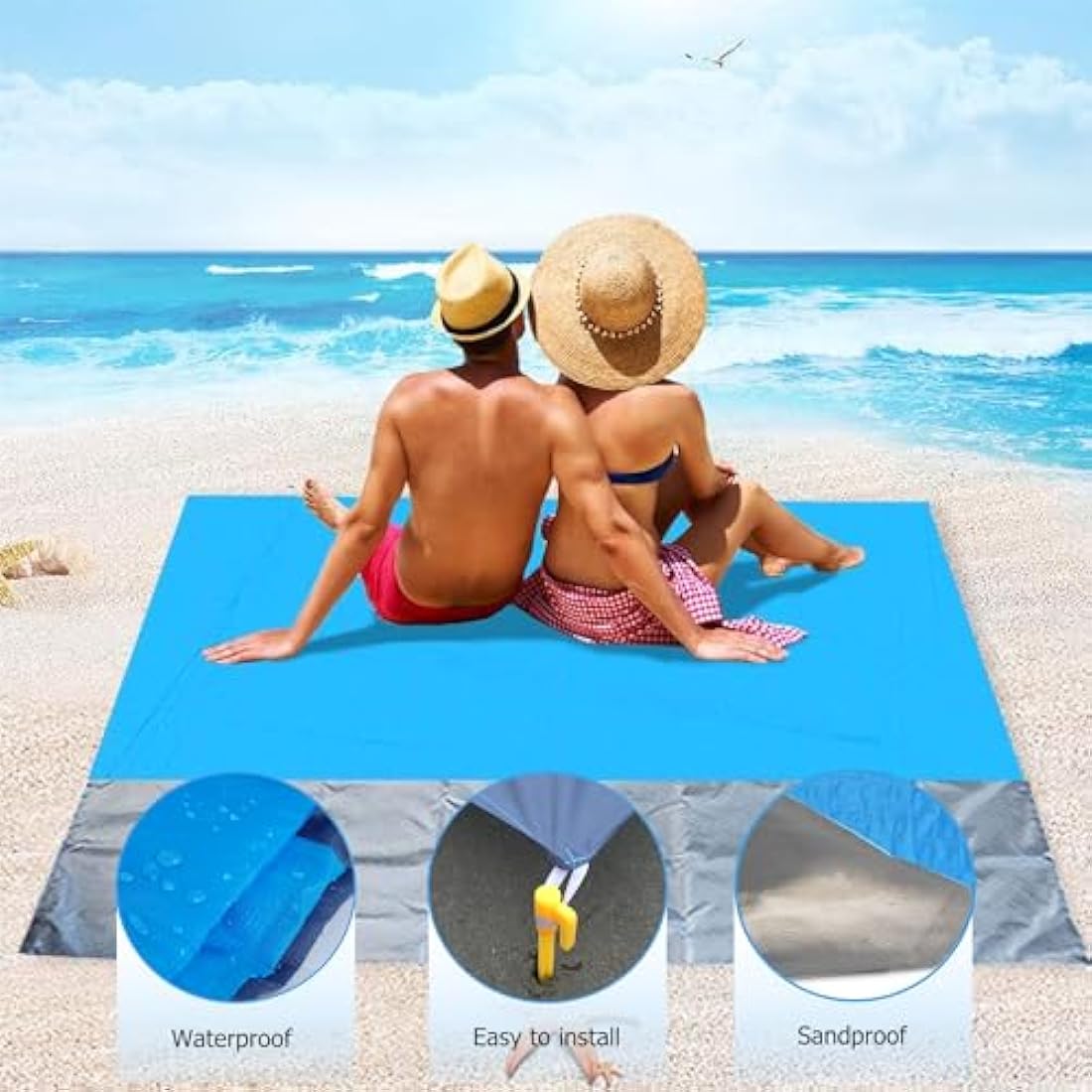 ZFYQ Beach Blanket, 200 x 210 cm Picnic Blanket with 4 Fixed Stake for Beach Camping Picnic and Other Outdoor Activity
