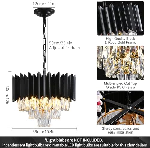 Modern Crystal Chandeliers 3-Tier K9 Round Crystal Chandeliers Light Fixture Small Black Ceiling Light Fixture for Dining Room Living Room Bedroom Entryway ，E14*5Light