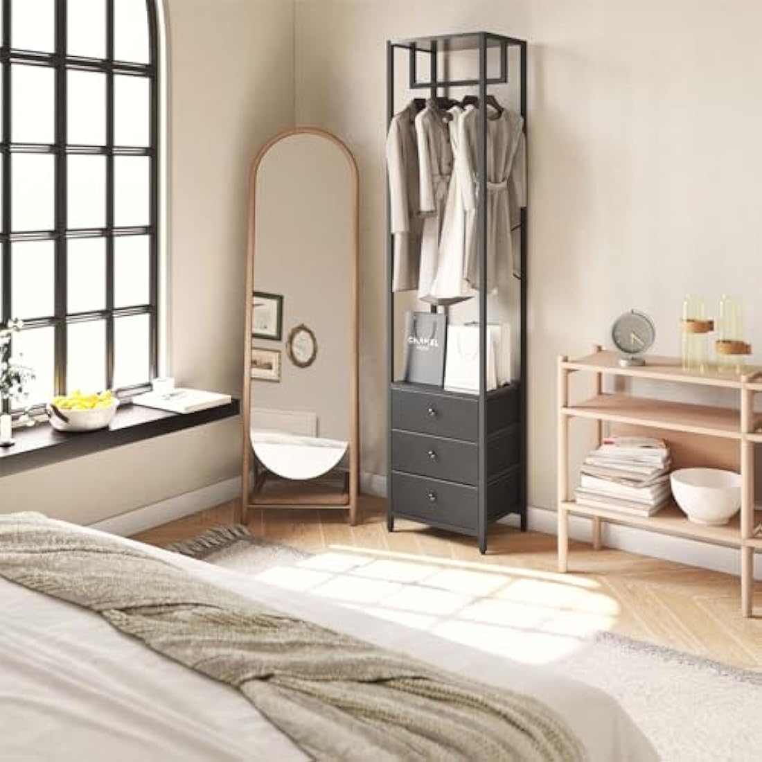 YMYNY Coat Rack with Non-woven Drawer, Freestanding Tall Closet Organizer, Tall Clothes Standing Dresser for Bedroom, Living Room, Entryway, 39×29×179CM Black HGR001B