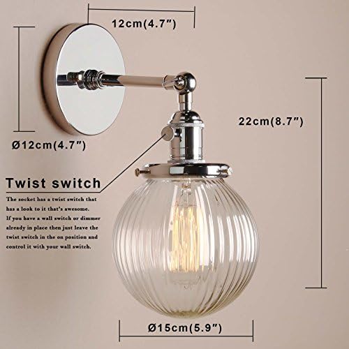 PathsOn 15cm Industrial Modern Vintage Retro Wall Lights, Loft Bar Kitchen Sconce Lights Lamp Fixture with Ribbed Globe Clear Glass Light Shade (Chrome)