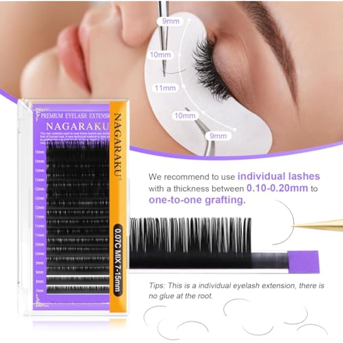 NAGARAKU 5 Trays Eyelash Extensions Supplies Classic 1:1 Lashes Individual Volume Lash Extensions Soft Single Natural Eyelashes Matte Black 16 Rows (0.03mm D Curl 11/12/13/14/15mm in 1 Pack)