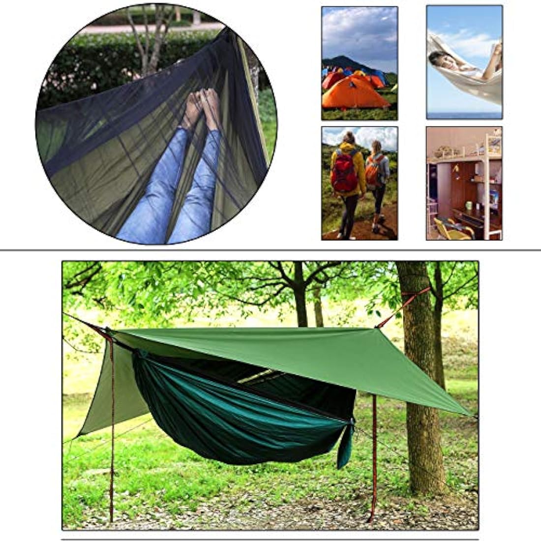 YCD Hammock, Portable Camping Hammock Set, Single/Double, Mosquito Net, Rain Shade Tent, 210T Parachute Nylon, 440 lbs, Dark Green