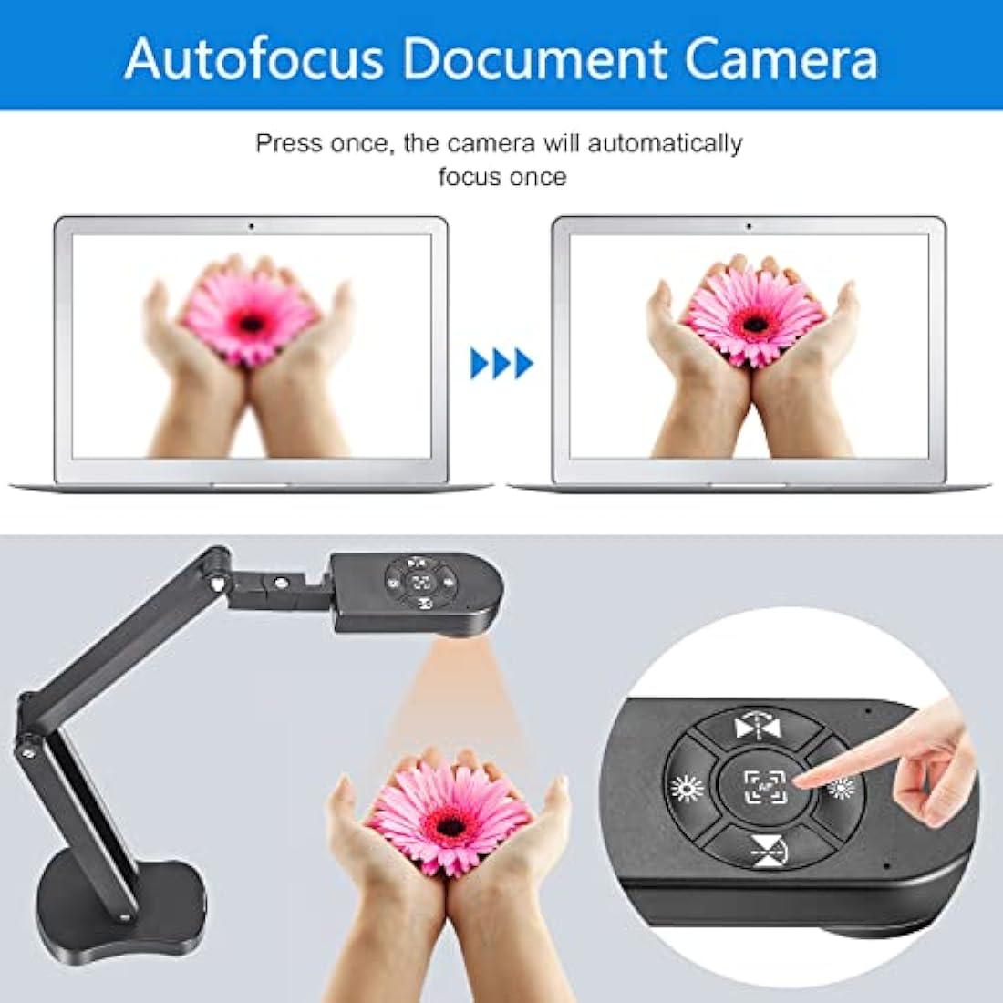 Kitchbai Visualiser Classroom, USB Document Camera for teaching 4K with 3-Level LED Light, Image Invert Function, Fold, Dual Microphones for Mac OS, Windows, Chromebooks work for Distance Learning