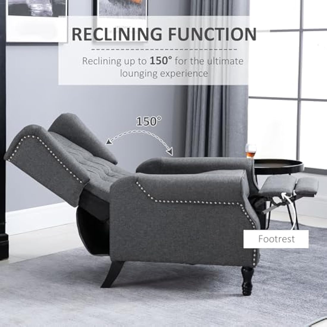 HOMCOM Recliner Armchair, Vintage Reclining Chair with Nail Head Trim, Wingback Chair with Button Tufted Back and Footrest, for Living Room, Light Grey