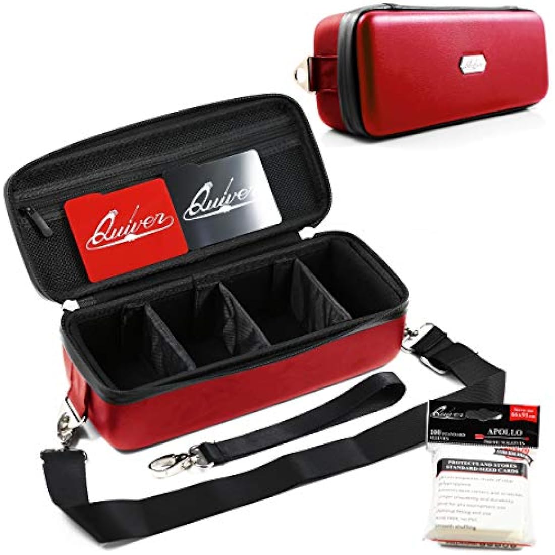 Quiver Time Red Bolt Card Carrying Case fits PM Cards and other TCG Games - Storage Bag for Playing/Trading Cards and Deck Box (Straps, Dividers & 100 Apollo Card Sleeves)