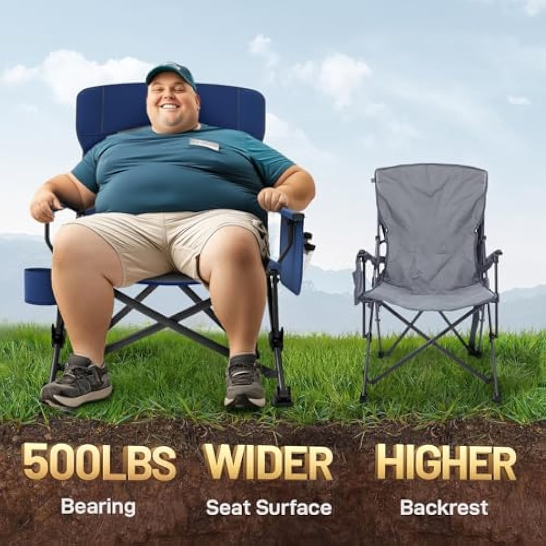 EVER ADVANCED Camping Chair for Adults Oversized 230KG, Folding Chair for Heavy People with Side Pocket, Heavy Duty Extra Wide Garden with Hard Armrest Foldable Fishing Outdoor Blue