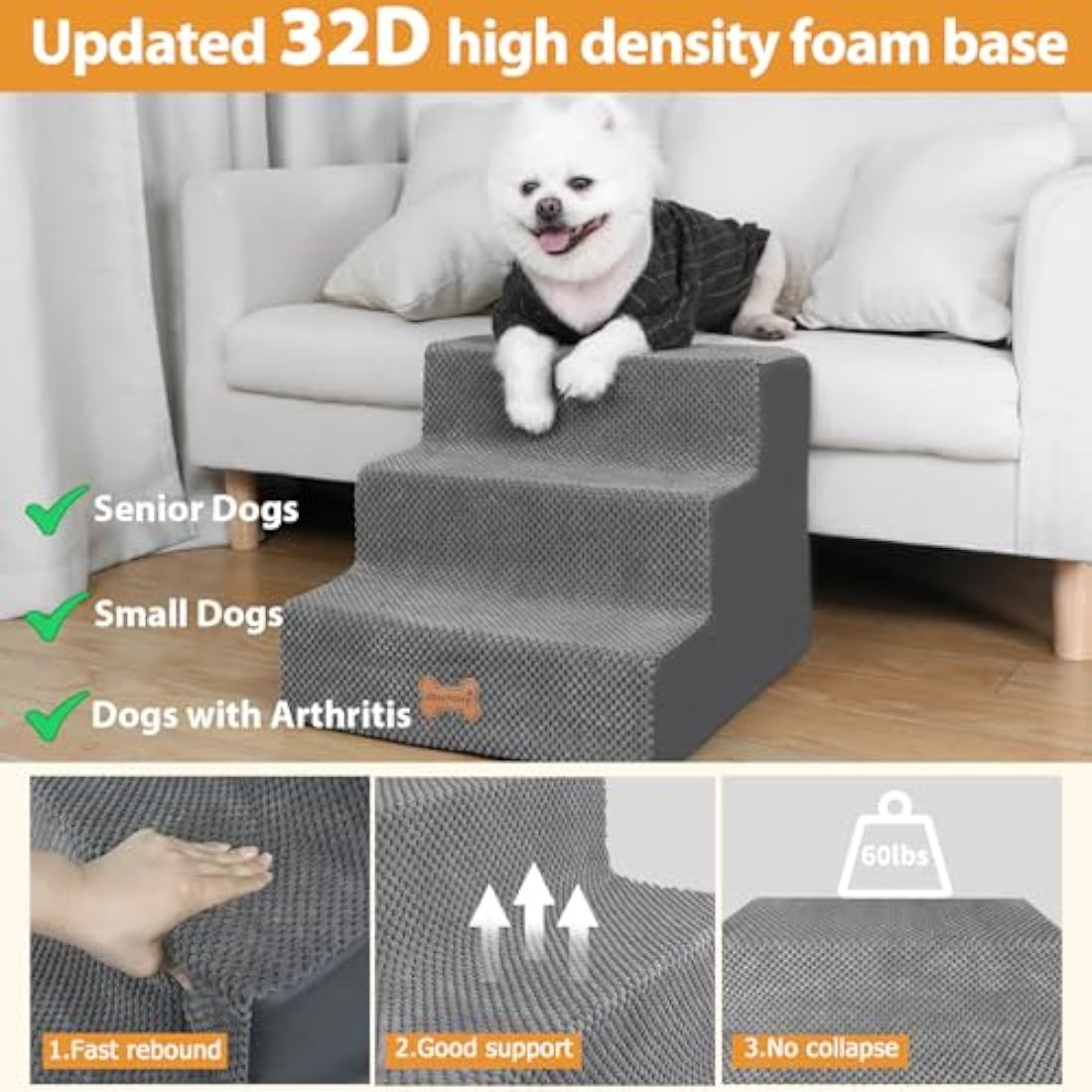 Nepfaivy Dog Steps Stairs for Bed - Non-Slip Pet Stairs for Small Dogs and Cats, 3-Steps Dog Ramp for Sofa with High Density Foam and Removable Cover, 45x40x34cm