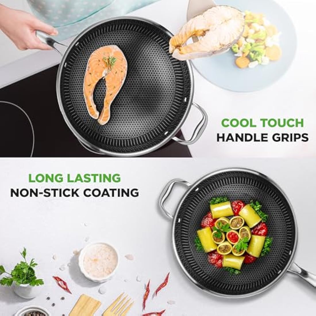 Nutrichef Nonstick Wok with Glass Lid – 30cm Hex Stainless Steel Stir Fry Cookware, Induction Compatible, Honeycomb Pattern, Scratch-Resistant, Deep Sauté Style, 12" Wok