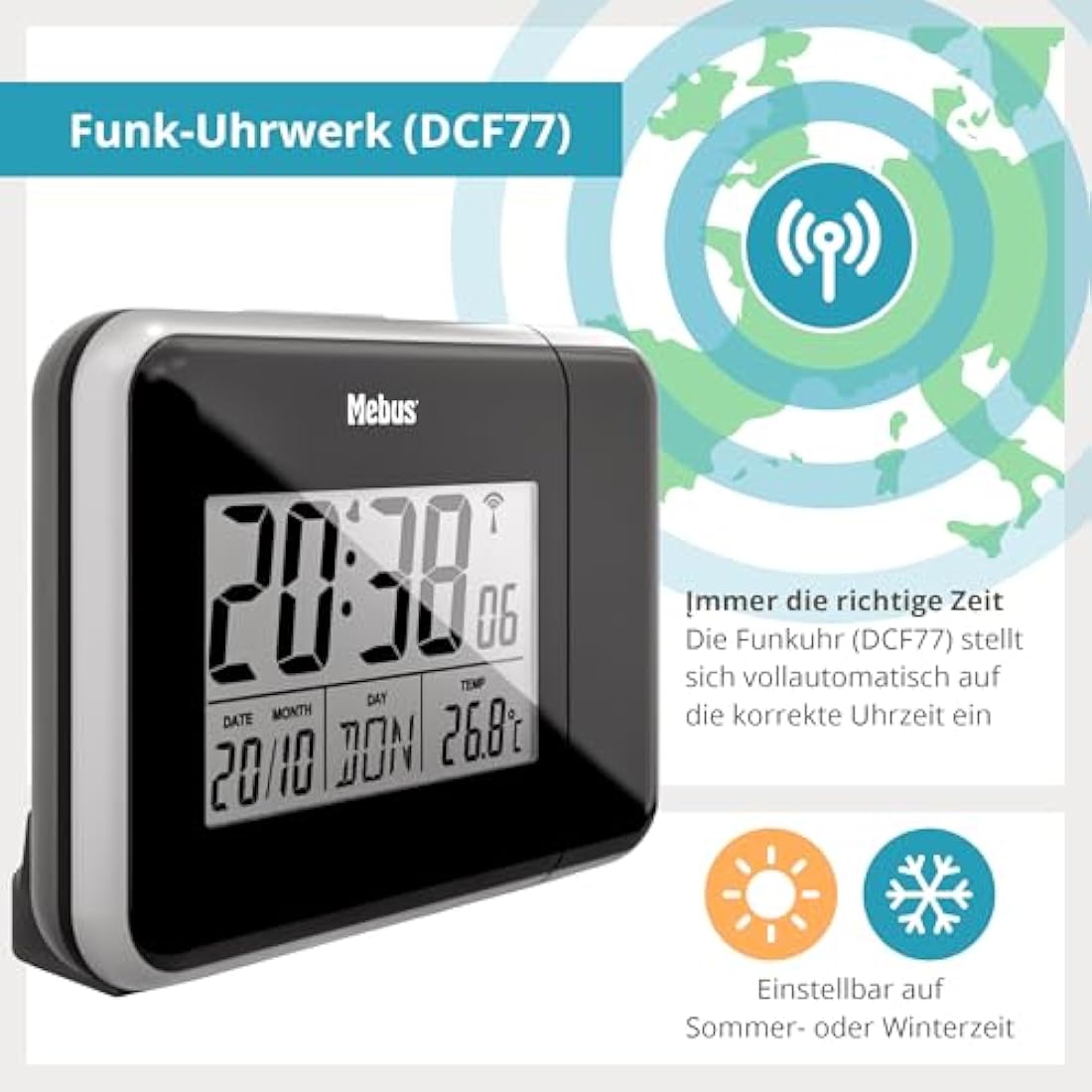 Mebus 42425 Radio Alarm Clock with Projection and Thermometer Plastic Normal Black