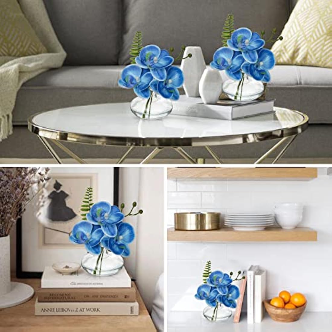 Briful Set of 3 Artificial Orchids in Glass Vase, Blue Orchids Fake Flowers in Faux Water Artificial Flowers for Decoration Artificial Plant for Living Room Bathroom Office Décor
